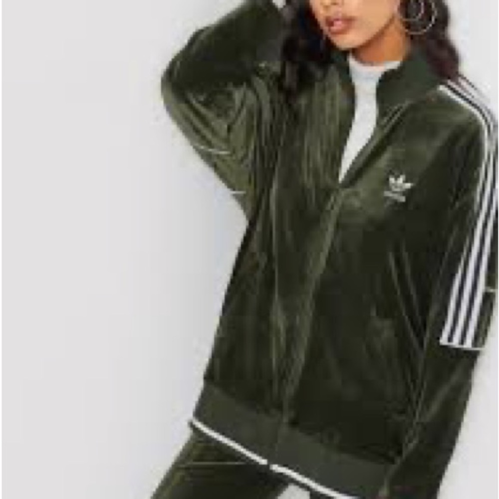 Adidas Original oversized jacket, velvet texture, dark olive green color - Picture 3 of 3